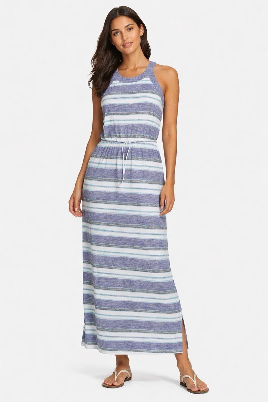 T by Talbots Maxi Dress Sz L Blue Striped Sleeveless Drawstring Coastal Beach